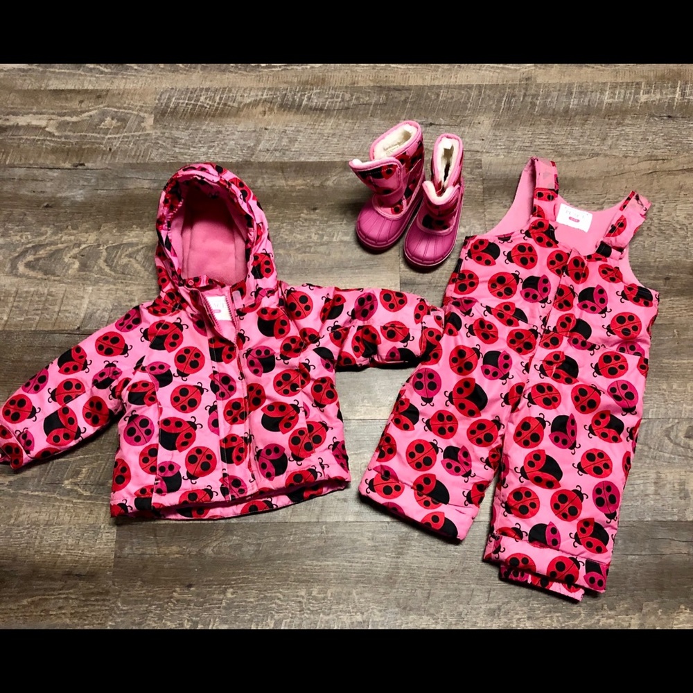 Coat, snow pants and boots. Ladybug 12-18 months